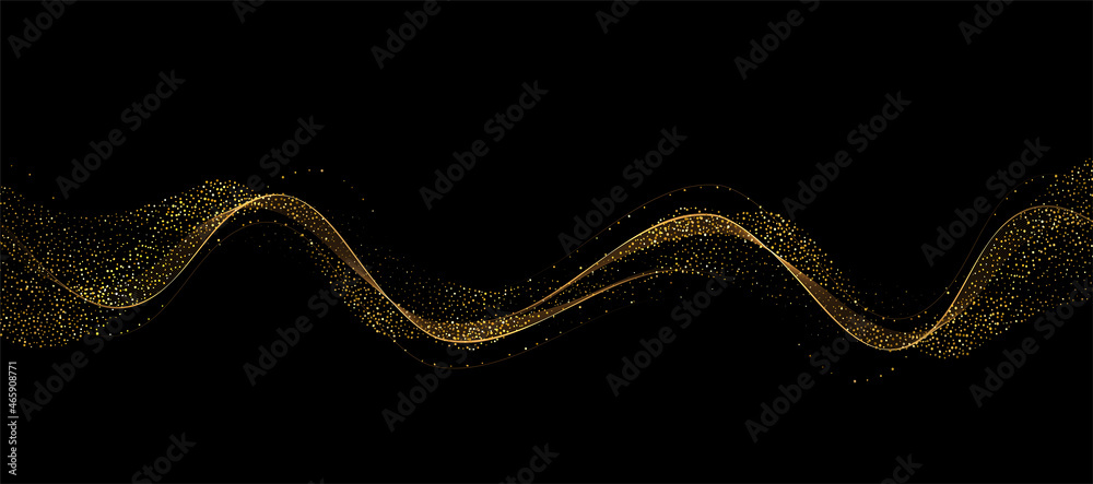 Poster Abstract Gold Waves. Shiny golden moving lines design element with glitter effect on dark background for greeting card and disqount voucher.