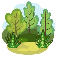 Flat forest. Illustration in a simple symbolic style. Glade. Funny green landscape. Isolated. Comic cartoon design. Cute scene with trees. Country Wild Scenery. Vector