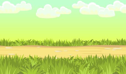 Seamless sandy road. Horizontal border composition. Summer meadow landscape. Juicy grass. Rural rustic scenery. Cartoon design. Flat style art illustration vector