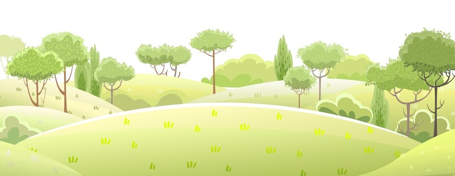 Rural beautiful landscape. Cartoon style. Hills with grass and forest  trees. Cool romantic beauty. Flat design illustration. Isolated on white.  Vector art vector de Stock | Adobe Stock