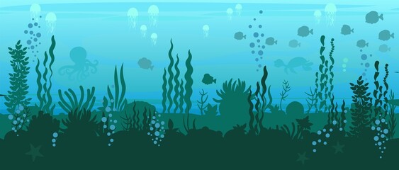 Fototapeta na wymiar Bottom of reservoir with fish. Silhouette. Blue water. Sea ocean. Underwater landscape with animals, plants, algae and corals. Illustration in cartoon style. Flat design. Vector art