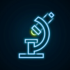 Glowing neon line Microscope icon isolated on black background. Chemistry, pharmaceutical instrument, microbiology magnifying tool. Colorful outline concept. Vector