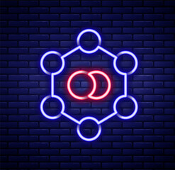Glowing neon line Molecule icon isolated on brick wall background. Structure of molecules in chemistry, science teachers innovative educational poster. Colorful outline concept. Vector