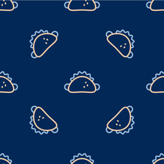 Line Taco with tortilla icon isolated seamless pattern on blue background. Traditional mexican fast food menu. Vector