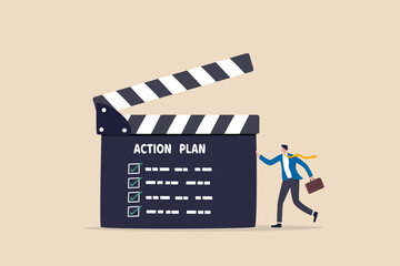 Action plan with checklist step by step of business implementation, procedure or strategy plan to finish project concept, businessman manager with director clapboard or slate listing action plan steps - obrazy, fototapety, plakaty