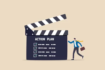 Tuinposter Action plan with checklist step by step of business implementation, procedure or strategy plan to finish project concept, businessman manager with director clapboard or slate listing action plan steps © Nuthawut