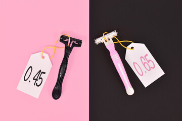 Pink tax and gender stereotypes concept showing pink and black razors marketed to specific genders with different price tags © Firn