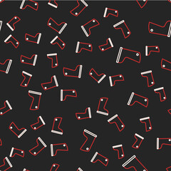 Line Waterproof rubber boot icon isolated seamless pattern on black background. Gumboots for rainy weather, fishing, gardening. Vector