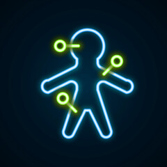 Glowing neon line Voodoo doll icon isolated on black background. Colorful outline concept. Vector