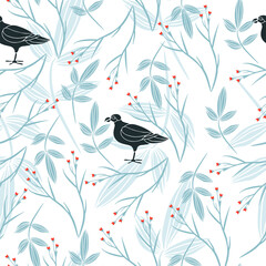 Elegant hand drawn birds and flowers. Birds silhouette. Vintage illustration. White background. Vector seamless pattern. 