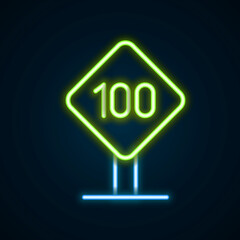 Glowing neon line Speed limit traffic sign 100 km icon isolated on black background. Colorful outline concept. Vector