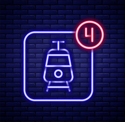 Glowing neon line Online ticket booking and buying app interface icon isolated on brick wall background. E-tickets ordering. Electronic train ticket on screen. Colorful outline concept. Vector