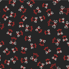 Line Merry Christmas ringing bell icon isolated seamless pattern on black background. Alarm symbol, service bell, handbell sign, notification. Vector