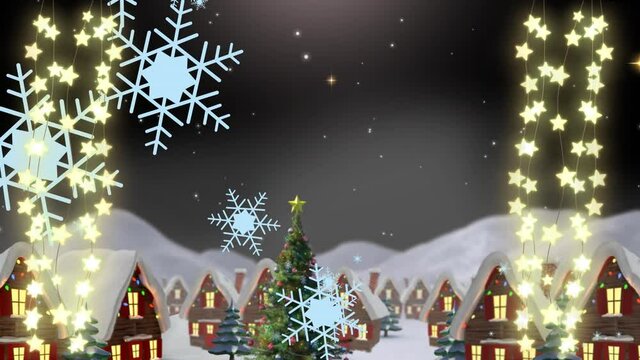 Animation of snow falling over christmas tree and winter scenery