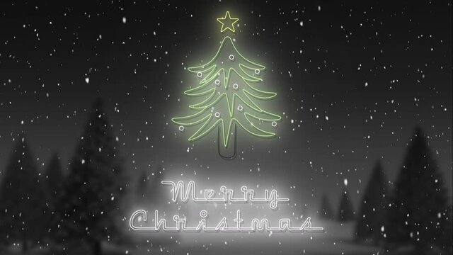 Animation of merry christmas text over christmas tree and snow falling