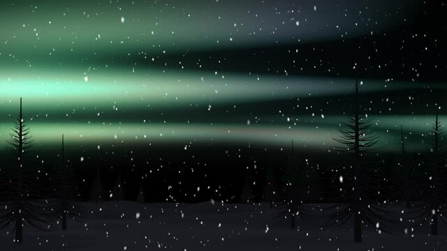 Animation of winter scenery at christmas over aurora
