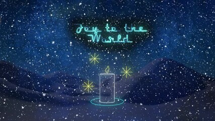 Animation of joy to the world text at christmas over candle and snow falling - Powered by Adobe
