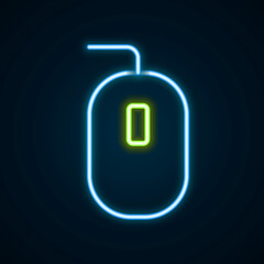 Glowing neon line Computer mouse gaming icon isolated on black background. Optical with wheel symbol. Colorful outline concept. Vector