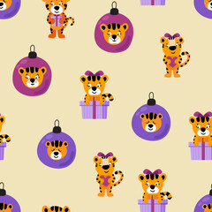 Seamless pattern with Christmas tigers. Design for fabric, textile, wallpaper, packaging, wrapping paper.	