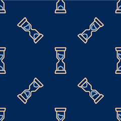 Line Old hourglass with flowing sand icon isolated seamless pattern on blue background. Sand clock sign. Business and time management concept. Vector