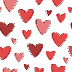 Seamless pattern with funny red hearts with faces with eyes and lips. Different emotions in simple lines. Print for the Valentine's Day holiday. Vector graphics.