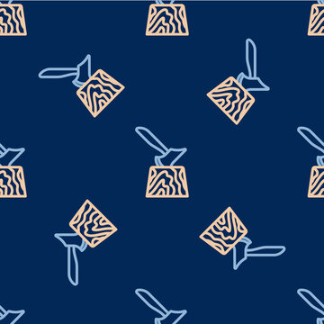 Line Wooden axe in stump icon isolated seamless pattern on blue background. Lumberjack axe. Axe stuck in wood. Chopping wood. Vector
