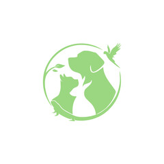 Pet care logo design; a design that combines the silhouettes of pet dogs, cats, rabbits, birds and lizards in a nature theme
