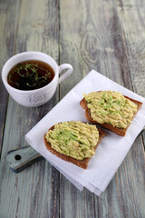 Two avocado toast and lemon thyme tea