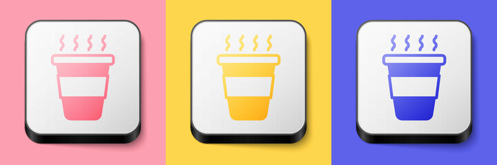 Isometric Coffee cup to go icon isolated on pink, yellow and blue background. Square button. Vector