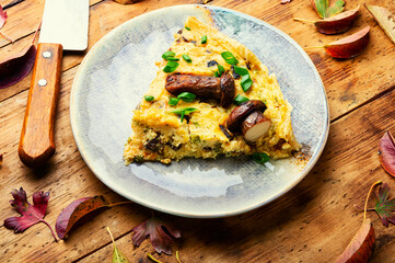 Slice homemade pie with mushrooms