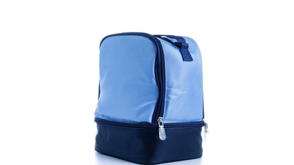 Naklejka premium Blue bag. Camping freezer, cooler box for cold lunch food isolated on white background. Blue bag for travel, picnic.