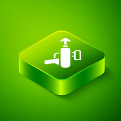 Isometric Fishing harpoon icon isolated on green background. Fishery manufacturers for catching fish under water. Diving underwater equipment. Green square button. Vector