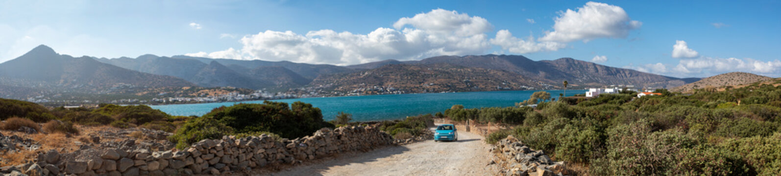 blurred panoramic view of the sunken city of Olus, on the island of Crete on a sunny day, horizontal