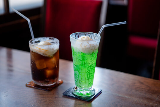 Coke Float and Melon Soda Float in Japanese style Cafe