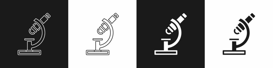 Set Microscope icon isolated on black and white background. Chemistry, pharmaceutical instrument, microbiology magnifying tool. Vector