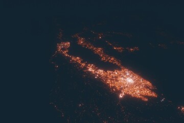 Bay Area aerial view at night. Top view on modern city with street lights