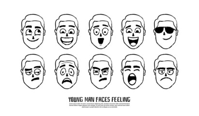 Hand drawn face expressions isolated vector, Funny cartoon emoji. Human feelings in different mood, Laughing face, smiling mouth, angry eyes.