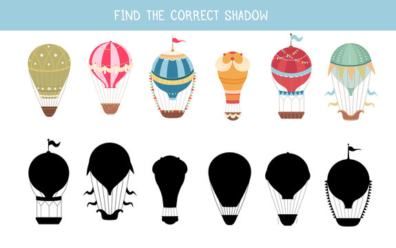 Find the correct shadow. Childrens educational fun. Find right black silhouette for hot air balloons. Cartoon aircraft, vintage balloons and airship. Vector template for preschool games.