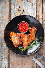 ribs grill pork fried beef fat food  spicy fresh meal snack on the table copy space food background...