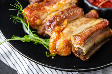 ribs grill pork fried beef fat food  spicy fresh meal snack on the table copy space food background...