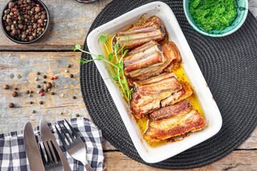 ribs grill pork fried beef fat food  spicy fresh meal snack on the table copy space food background  