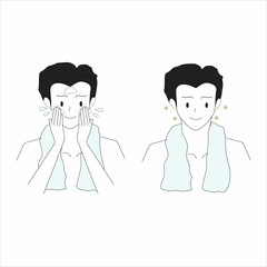 outline illustration Man washes his face with cleansing.
