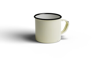 Side view of empty blank enamel coffee mug isolated on white background. Mock up. 3d rendering.