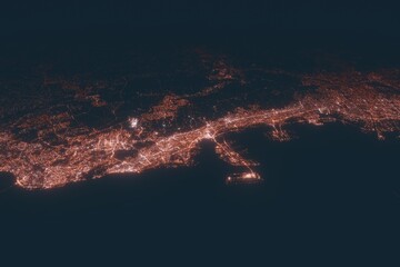 Kobe aerial view at night. Top view on modern city with street lights