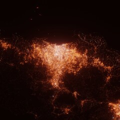 Jakarta city lights map, top view from space. Aerial view on night street lights. Global networking, cyberspace