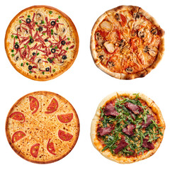 Set of different pizzas collage isolated on white background