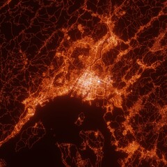 Hiroshima city lights map, top view from space. Aerial view on night street lights. Global networking, cyberspace