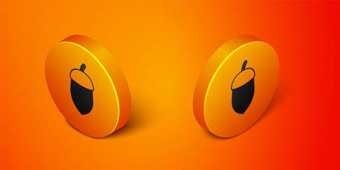 Isometric Acorn icon isolated on orange background. Orange circle button. Vector