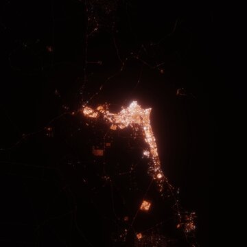 Kuwait City Lights Map, Top View From Space. Aerial View On Night Street Lights. Global Networking, Cyberspace