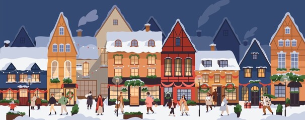 Christmas city panorama with happy people walking on street in snow on winter holidays. European Old town at Xmas eve with cozy buildings. Cityscape with New Year lifestyle. Flat vector illustration